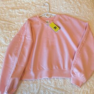 Airy Sleek Lace Trim Light Pink Crewneck Sweatshirt
